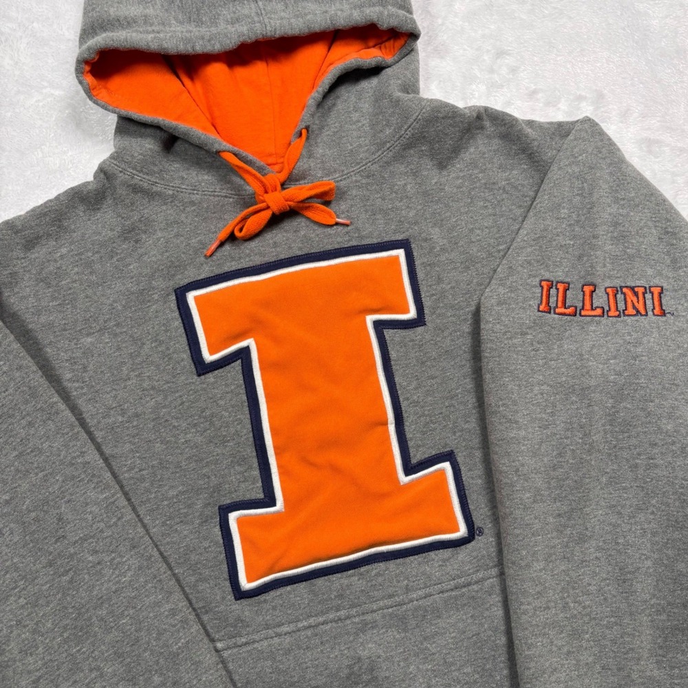 e5 Y2K University of Illinois Hoodie Pullover Mens L Gray Orange Illini Alumni